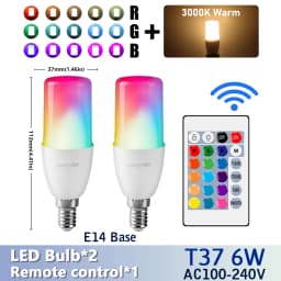 2PCS E14/E27/B22 T37 RGB Bulb LED Multicolor Light Dimmable 16 Colors Remote Control Smart Lighting - Brighten Your Every Moment
