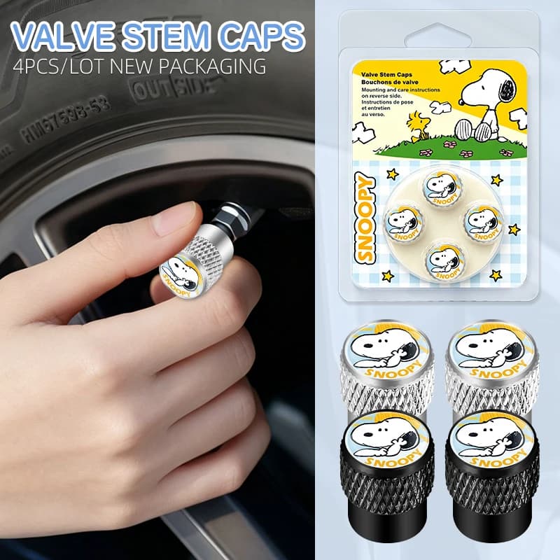 4Pcs cartoon For Snoopy Aluminum Alloy Car Tire Valve Caps Metal Wheel Rim Tyre Stem Decor Protective Cover Accessories