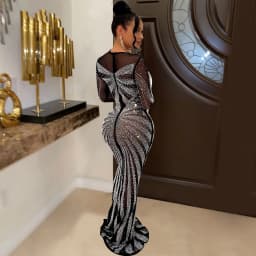 HBLL Best Quality Famous Brand Dress Shiny Diamond O-neck Long Sleeve Elegant Maxi Dress Sexy Sheer Party Dress Vestidos