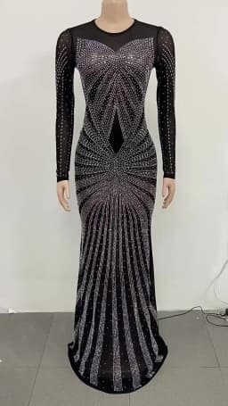 HBLL Best Quality Famous Brand Dress Shiny Diamond O-neck Long Sleeve Elegant Maxi Dress Sexy Sheer Party Dress Vestidos