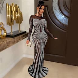 HBLL Best Quality Famous Brand Dress Shiny Diamond O-neck Long Sleeve Elegant Maxi Dress Sexy Sheer Party Dress Vestidos