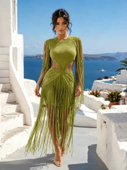 Vintage Tassel Boho Summer Dress Sexy Women O-neck Elegant Hollow Out Club Party Dress