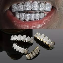 Hiphop Teeth Grillz Set for Unisex Top Bottom Mouth Silver Color Teeth Grills Tooth Cap Removable Dental Fashion Body Jewelry