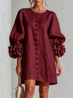 Women Linen Mini Dress O Neck Puff Long Sleeve 3D Flower Cuff Decor Flower Button Loose Casual Short Dresses for Party Vacation