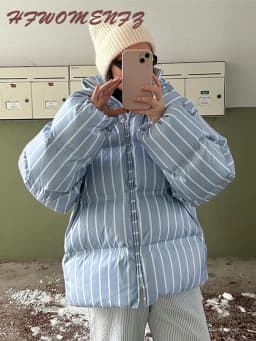Striped Cotton Women Coat Full Sleeve Hat Lady Jacket 2026 Autumn Winter Quilted Thicken Single Breasted Female Loose Outwear
