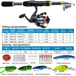 PROBEROS 1.5m-2.4m Fishing Rod and Reel Combo Kit Spinning Fishing Reel and Spinning Rods Fishing Line Lure Bag Hooks Full Set