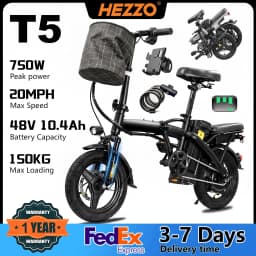 T5 Lightweight Folding Electric Bike for Adults 48V 750W Peak Power 20MPH 18-22 Miles Range 14Inch Disc Brake Commuter E-bike