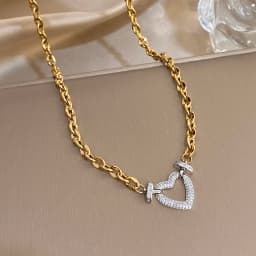 Full Zircon Lock & Heart Stainless Steel Charms Pendant Necklace for Women Men Chunky Punk Gold Plated Link Chain Necklaces