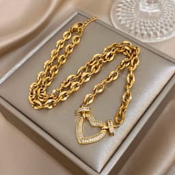 Full Zircon Lock & Heart Stainless Steel Charms Pendant Necklace for Women Men Chunky Punk Gold Plated Link Chain Necklaces