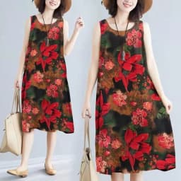 Summer Floral Print Maxi Dress Women's Sleeveless Large Size Three-Piece Set Floral Skirt Belted Midi Dress Ethnic Style