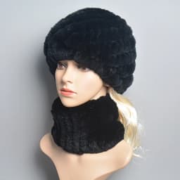 Women Knit Real Rex Rabbit Fur Hat Scarf Sets Natural Warm Rex Rabbit Fur Scarves Hat Winter Lady Real Rex Rabbit Fur Hat Scarf