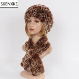Winter Women Knitted Real Rex Rabbit Fur Hat Scarf Sets Natural Warm Fur Hats Scarves Lady Soft Real Rex Rabbit Fur Cap Muffler