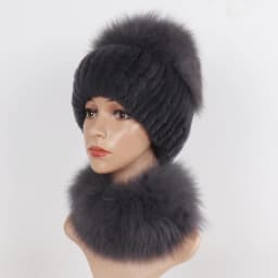 New Winter Women Luxury Real Fox Fur Hat Scarf Sets Natural Soft Knitted Warm Rex Rabbit Fur Top Fox Fur Hats Scarves 2 Pieces