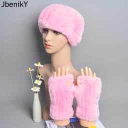 One Set Women Real Rex Rabbit Fur Cuff+Headband Winter Warmer Hat Arm Wrist Sleeve Gloves Female Real Fur Cap+Elastic Wristband