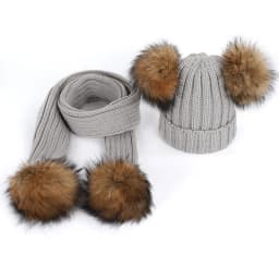 New 2026 Winter Children's Double Hair Ball Woolen Hat Scarf Set Boys Girls Thickened Raccoon Ball Knitted Ear Cap Two Piece Set