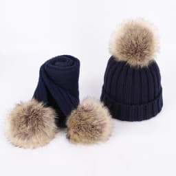 New 2026 Winter Children's Double Hair Ball Woolen Hat Scarf Set Boys Girls Thickened Raccoon Ball Knitted Ear Cap Two Piece Set