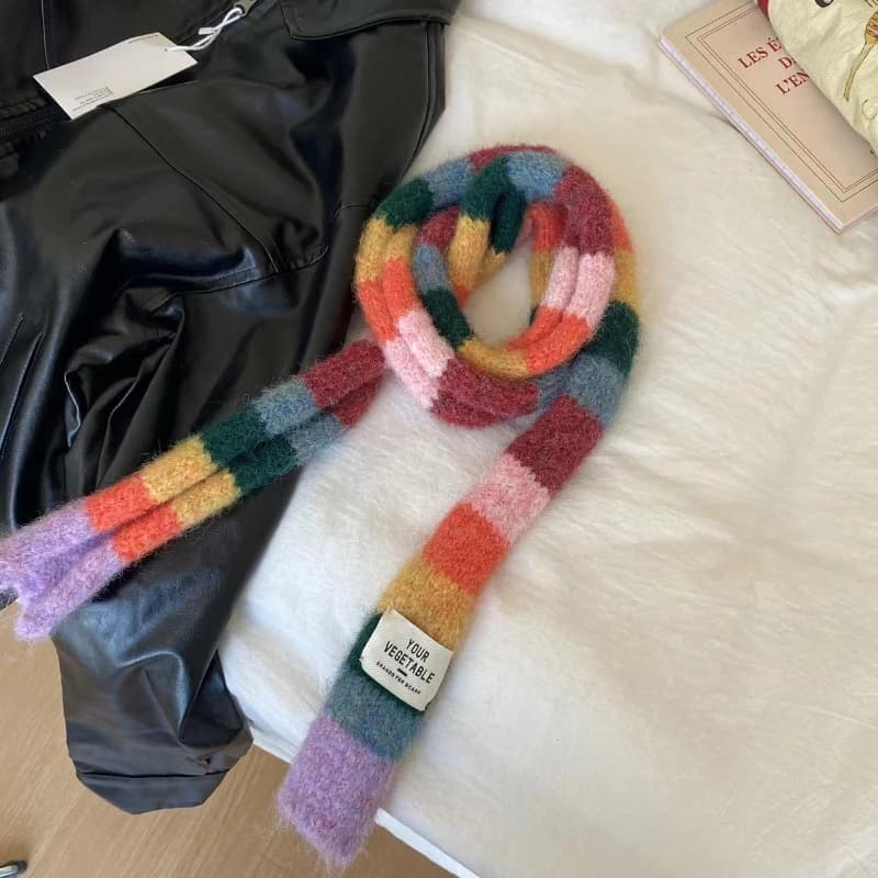 2024 Knitted Wool with Warm Color Splicing Contrast Striped Sausage Thin Scarf