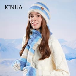 Winter Women GradientColor Knitted Hat Scarf Gloves Set Thickened Fleece Lining Skullcap Outdoor Cycling Wind Protection Beanies