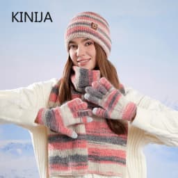 Winter Women GradientColor Knitted Hat Scarf Gloves Set Thickened Fleece Lining Skullcap Outdoor Cycling Wind Protection Beanies