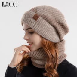 Double-Color Jacquard Hat for Women in Autumn and Winter, Thick and Warm Ear-Protection Knitted Hat with Fleece Lining, Two-Piec