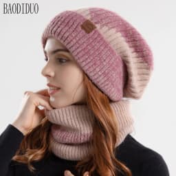 Double-Color Jacquard Hat for Women in Autumn and Winter, Thick and Warm Ear-Protection Knitted Hat with Fleece Lining, Two-Piec