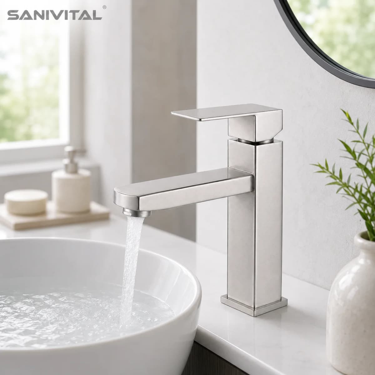 SANIVITAL Single Handle Basin Faucet SUS304 Brushed Stainless Steel Deck Mount Bathroom Sink Tap with Water-Saving Aerator