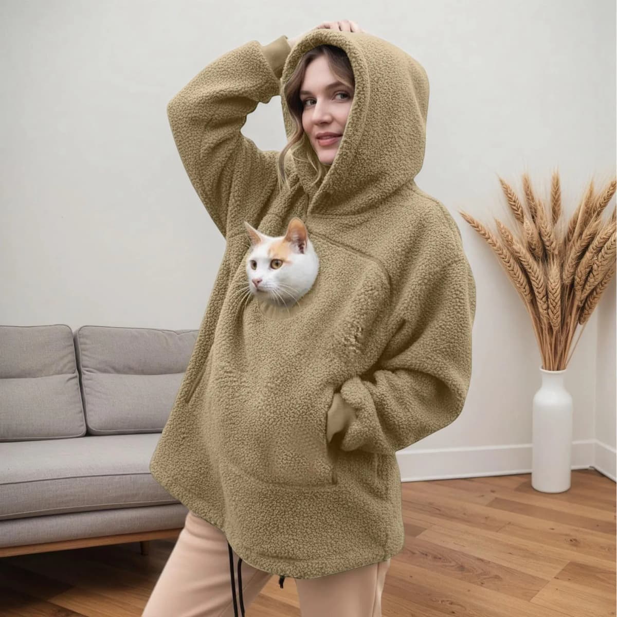 Women Portable Pet Pocket Hoodies Casual Zippered Pocket Portable Cat Friendly Sweatshirts Solid Fleece Hooded Winter Sweaters
