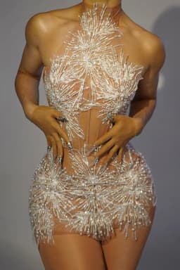 White Snowflake Pearl See Through Mesh Women Stunning Dress Party Birthday Sexy Carnival Performance Stage Costume