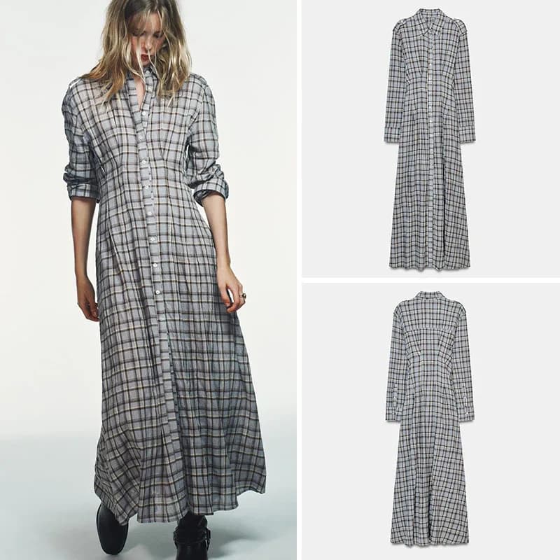 Elegant Vintage Plaid Long Sleeve Shirt Dress New Arrival Women's Fashion Spring Collection 18-25 Years Olds 2026 Spring