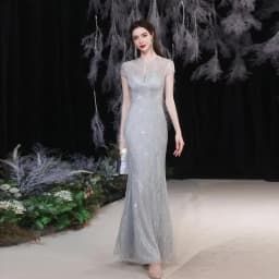 Gorgeous Sexy Round Neck Sequined Mermaid Long Formal Evening Dress Silver With Sleeves