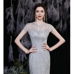 Gorgeous Sexy Round Neck Sequined Mermaid Long Formal Evening Dress Silver With Sleeves