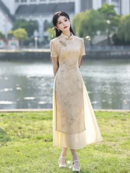 Young Style Elegant Long Dress Meat Concealing Slimming Daily Wear Polyester Fiber Short Sleeve Summer New Chinese ...