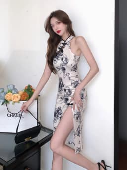 Pure Desire Improved National Trend Print Young Style Retro Slim Fit Sleeveless High Slit Midi Dress for Teens