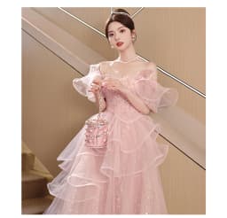 Ele Pink Evening Gown Fem Host Art Exam Super Fairy T Wedding Dr Korean Sle Flower Pattern mid Waist Long Skirt