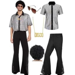 Adult Men's 70s 80s Classic Disco Outfit Shiny Shirt Flared Pants Accessories Set Bright Polyester Fabric Stage Costume