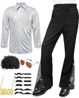 Adult Men's 70s 80s Classic Disco Outfit Shiny Shirt Flared Pants Accessories Set Bright Polyester Fabric Stage Costume