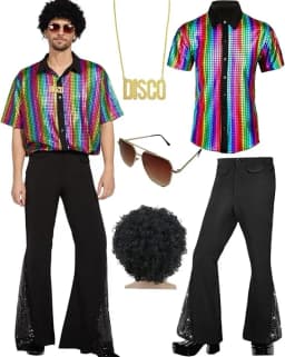 Adult Men's 70s 80s Classic Disco Outfit Shiny Shirt Flared Pants Accessories Set Bright Polyester Fabric Stage Costume