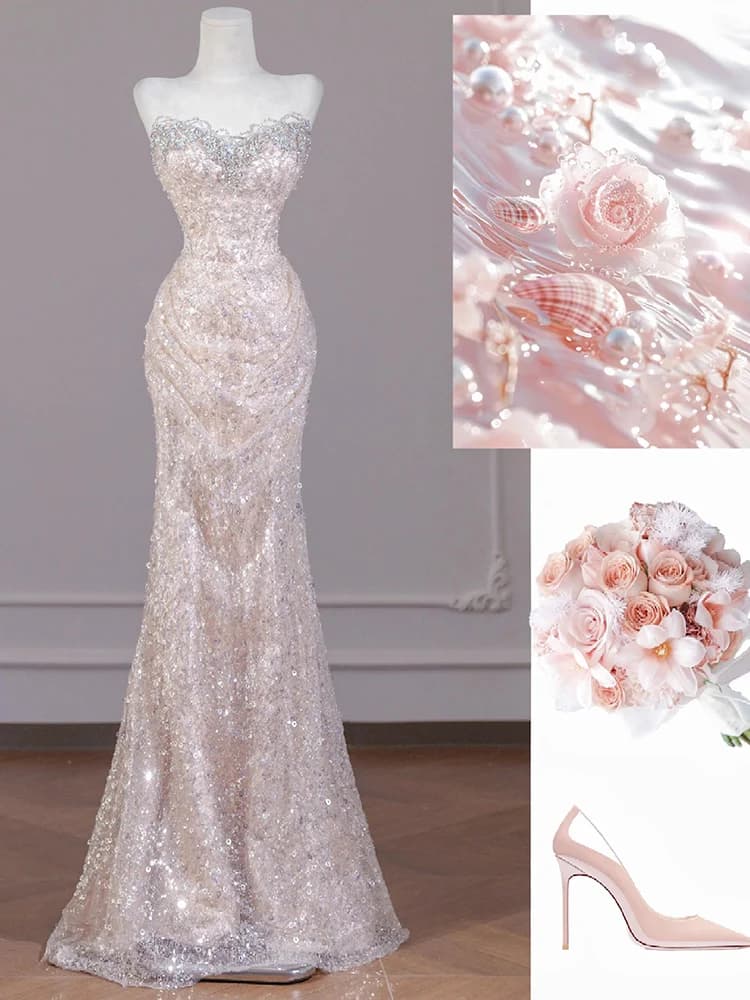 Elegant Fish Tail Wedding Dress Evening Gown with Strapless Design for Bride to Be Formal Occasion Long Evening Gown