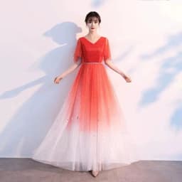 Ele Women's Performance Outfit Student Poem Recitation Evening Gown Red Song Cetition Host Conductor orm Bling Mat...
