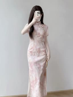 Pink Slim Fit Young Style Chinese New Version Summer Dress Short Sleeve Daily Wear Polyester Fiber Retro Style