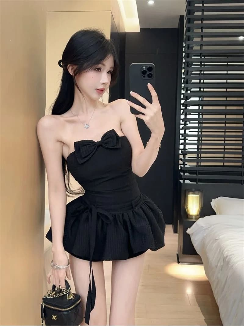 Black Slimming Sexy Dress One Shoulder Knot Retro Style High Waist Puffy Skirt for Party Wedding Date Performance