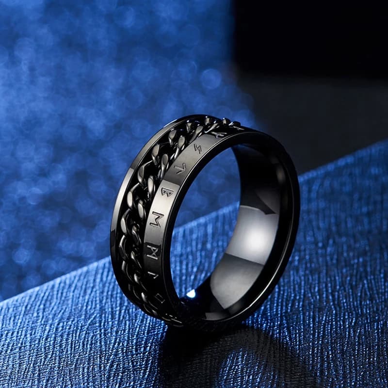 Anxious Rings Rotate Titanium Steel Rotate Rings Viking Rune Odin Norse Text Chain Rings For Men Black Rock Biker Wedding Par