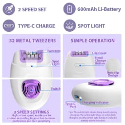Rechargeable 2 in 1 Epilator & Electric Shaver for Facial Whole Body Hair Removal 32 Tweezers Smooth Skin 2 Speeds Hair Removal