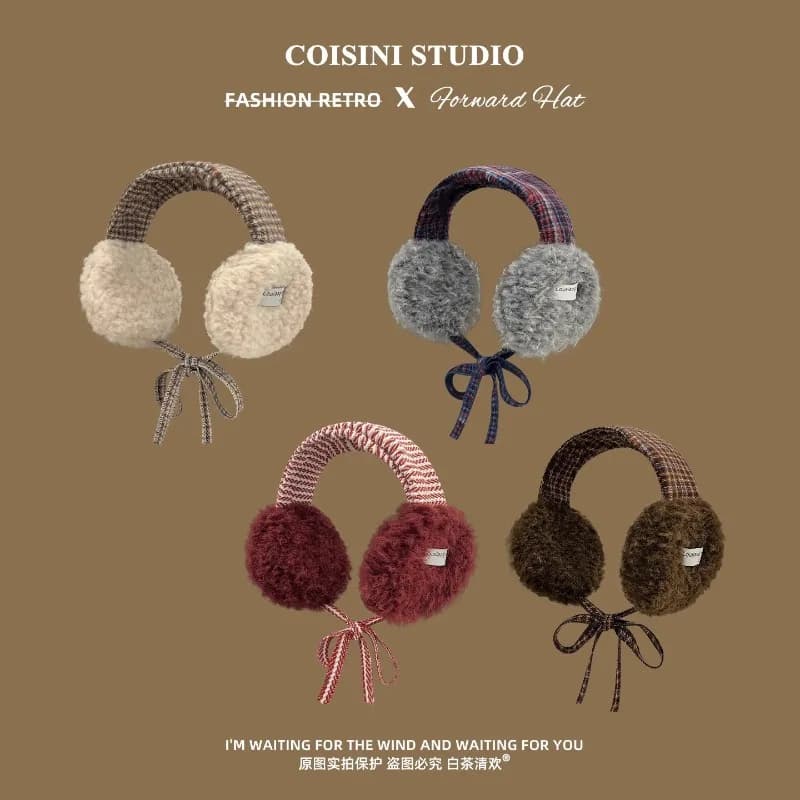 Korean Retro Contrasting Color Straps Plush Earmuffs for Women Winter Travel Warm Ear Protection Versatile Sweet Earflaps