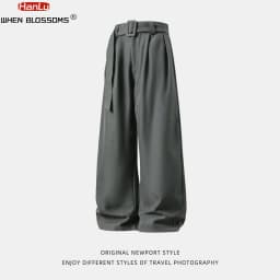 HANGLU 2025 Men's 3D Pleated Trousers J-Cut Drape Wide Leg Old Money Style Belted Formal Casual Slim Fit Pants