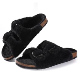 Shevalues Fuzzy Slippers Women Cork Footbed Fluffy Slide Sandals Open Toe Indoor House Shoes With Arch Support Adjustable Buckle
