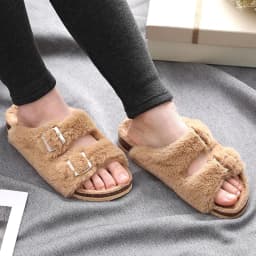 Shevalues Fuzzy Slippers Women Cork Footbed Fluffy Slide Sandals Open Toe Indoor House Shoes With Arch Support Adjustable Buckle