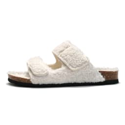 Shevalues Fuzzy Slippers Women Cork Footbed Fluffy Slide Sandals Open Toe Indoor House Shoes With Arch Support Adjustable Buckle