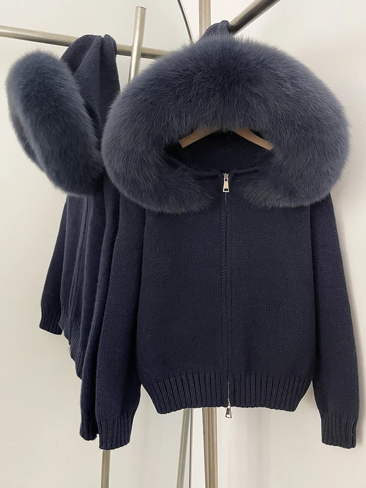 OFTBUY New Fashion Autumn Winter Casual Hooded Real Fox Fur Collar Fashion Short Knitted Jacket with Natural Fur Coat for Women
