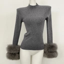 OFTBUY Slim Fit Half Turtleneck Ribbed Knit Sweater for Women Real Fur Cuff Trim Long Sleeve Warm Basic Layering Top New Winter